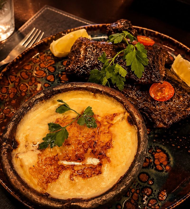 Plato de carne con gratinado en cazuela